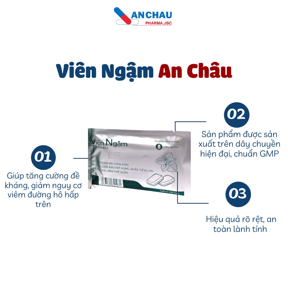 Viên ngậm ho, đau rát họng, khản tiếng VIÊN NGẬM AN CHÂU dùng cho ho khan, có đờm, viêm phế quản - vỉ 8 viên