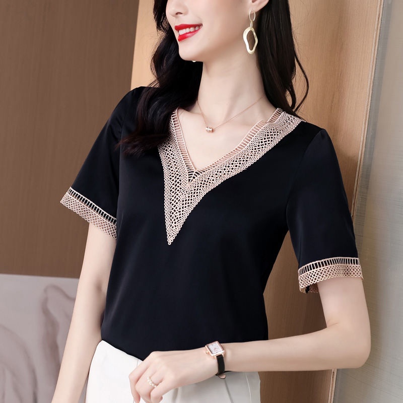 Áo thun nữ ngắn tay cổ chữ V kiểu Tây mùa hè dành cho mẹ trung niên