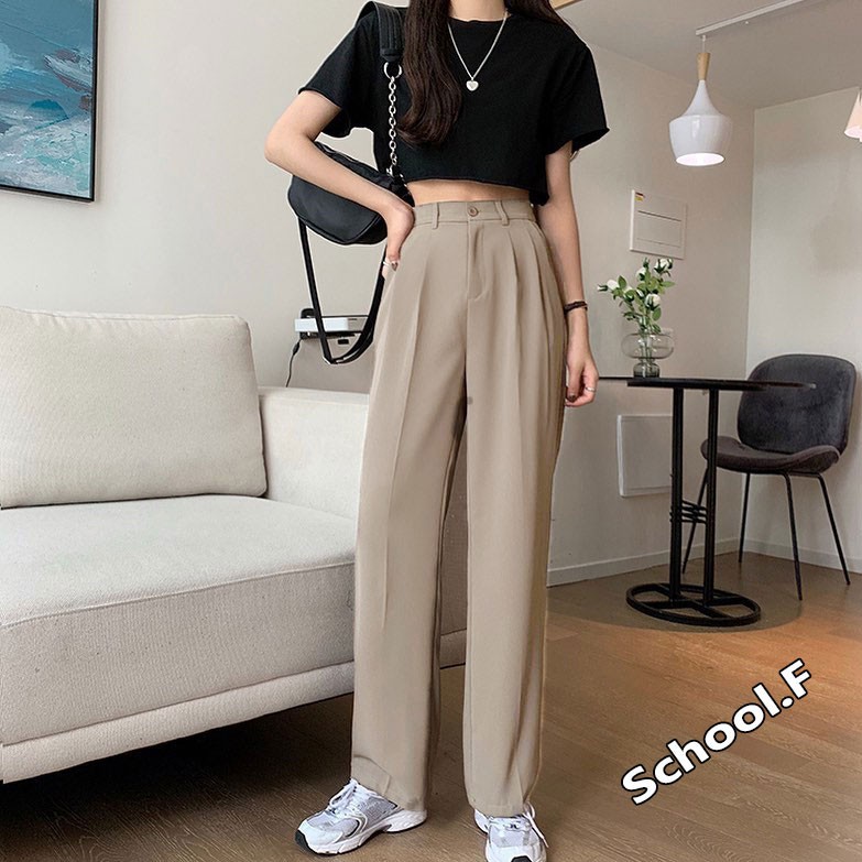 Quần tây ống rộng nữ lưng cao màu Nâu Tây - Quần ống suông mẫu mới chất vải MANGO Mềm - Mỏng - Suông cao cấp | SchoolF | BigBuy360 - bigbuy360.vn