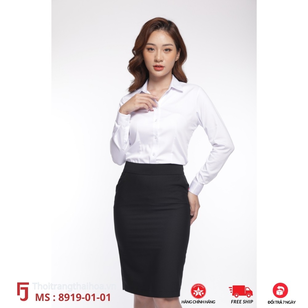 Áo sơ mi nữ công sở trắng đẹp dài tay kiểu bigsize vải sợi tre Thái Hoà 8919-01-01