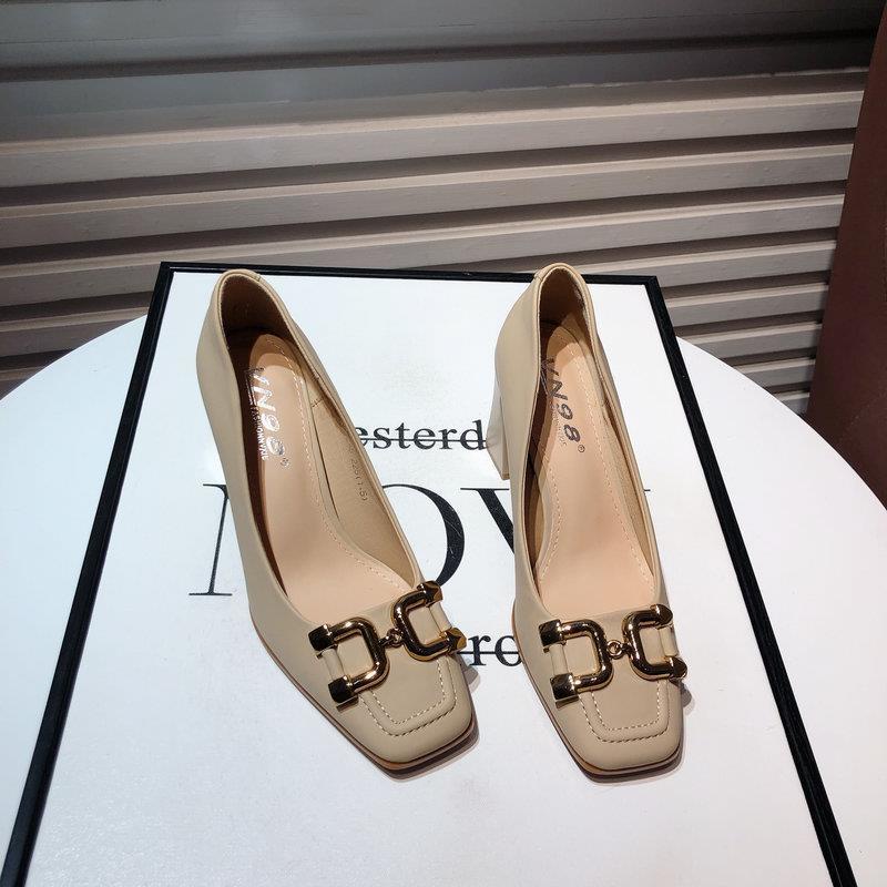 Giày Cao Gót Mũi Vuông Đế Dày Phối Khóa Kim Loại Phong Cách retro Pháp Thời Trang Mùa Xuân Cho Nữ
