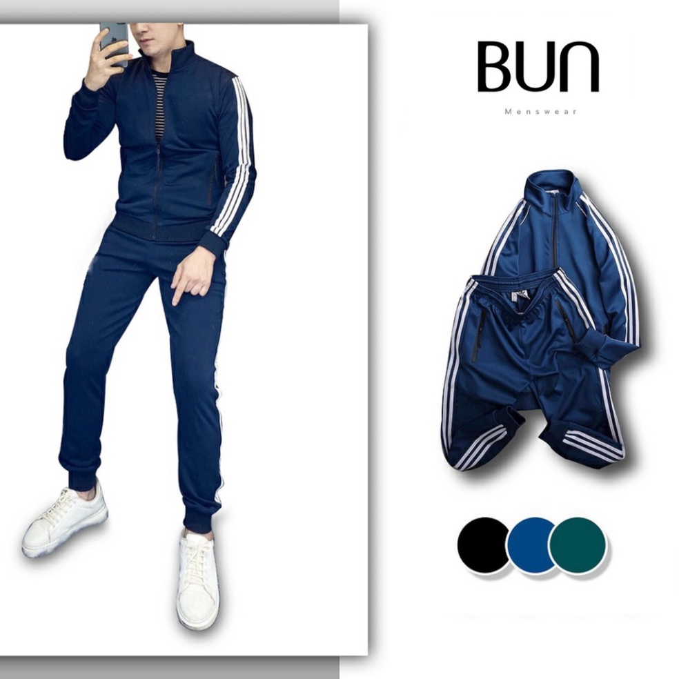 Bộ quần áo thể thao nam nữ BUN STORE - Bộ Das nam nữ 3 sọc có khóa kéo 3 màu (CAM KẾT ẢNH THẬT)