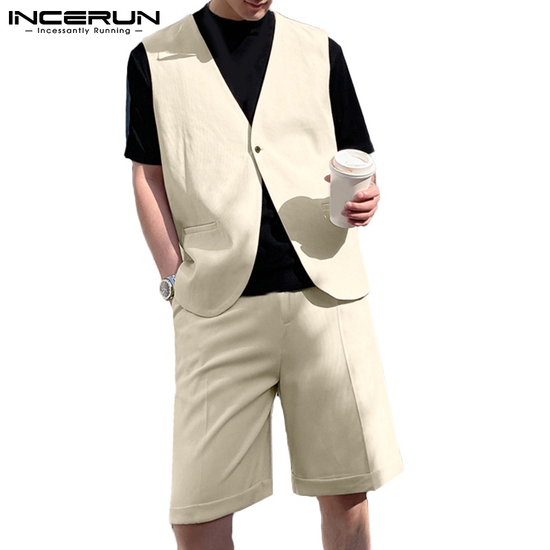 Set áo gile không tay + quần short INCERUN màu trơn thoải mái thời trang Hàn Quốc cho nam