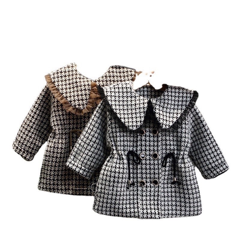 Áo khoác dạ cho bé gái áo khoác dạ tweed cho bé gái phối nơ eo, cổ ren bèo điệu đà dành cho trẻ em từ 8-22kg