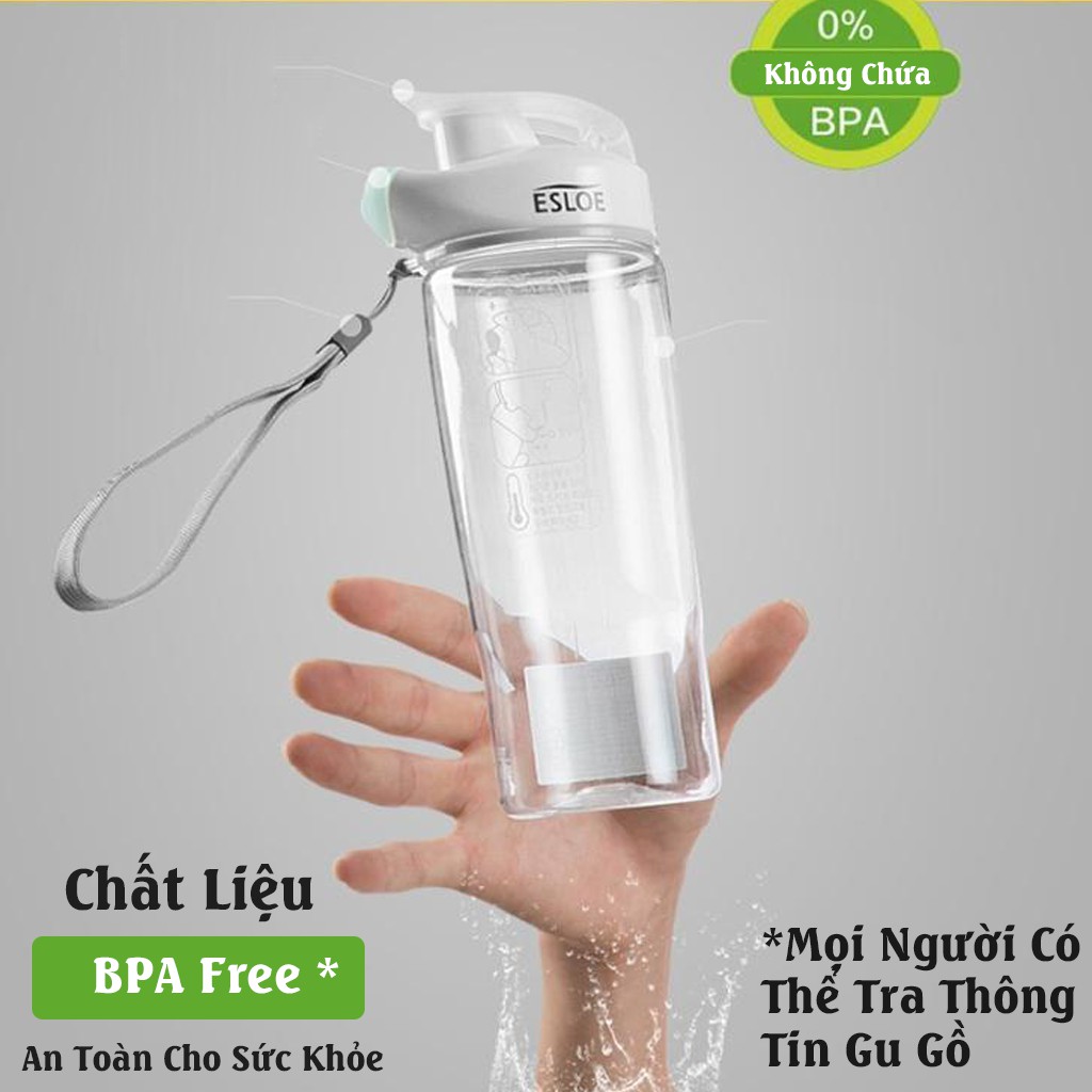 [ RẺ VÔ ĐỊCH ] Bình Nước Nhựa ESLOE Chất Liệu Tritan Cao Cấp Tiêu Chuẩn BPA FREE Trong Suốt Có Quai Xách Dung Tích 500ml