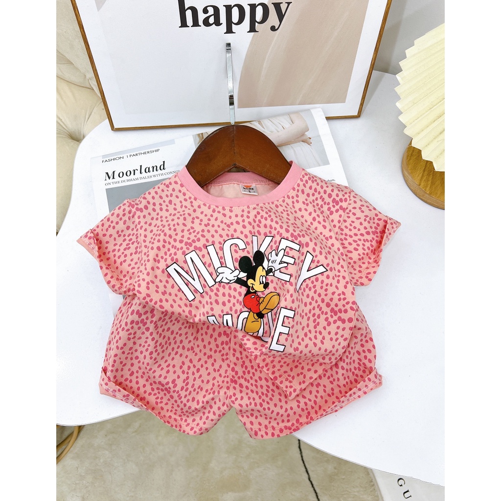 Bộ quần áo cộc tay chất cotton 4c hình beo in hình mickey size 8-32kg cho bé gái