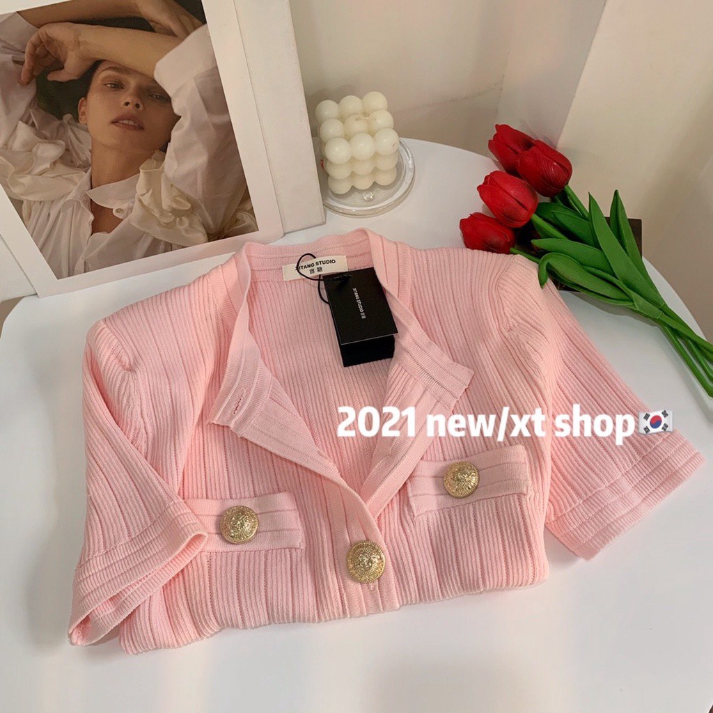  Áo lửng kiểu cardigan ngắn tay phối nút kim loại ôm dáng thời trang dành cho nữ | BigBuy360 - bigbuy360.vn