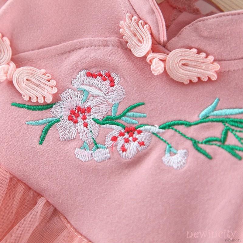 Váy dài tay thêu họa tiết phong cách Trung Hoa đáng yêu cho bé gái