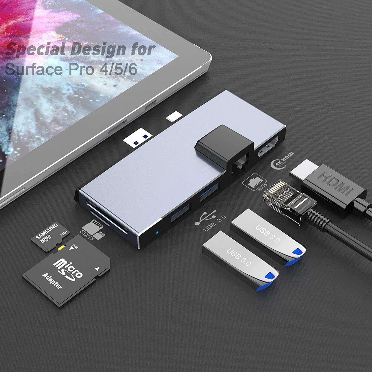 Bộ chuyển đổi USB 6 trong 1 cho Microsoft Surface Pro 6 / Pro 5 / Pro 4 cổng hub mạng Docking Station với Bộ chuyển đổi USB hdmi 4K, 3 cổng USB 3.0 (5Gps), Màn hình usb đầu đọc thẻ SD / TF Micro Card Reader