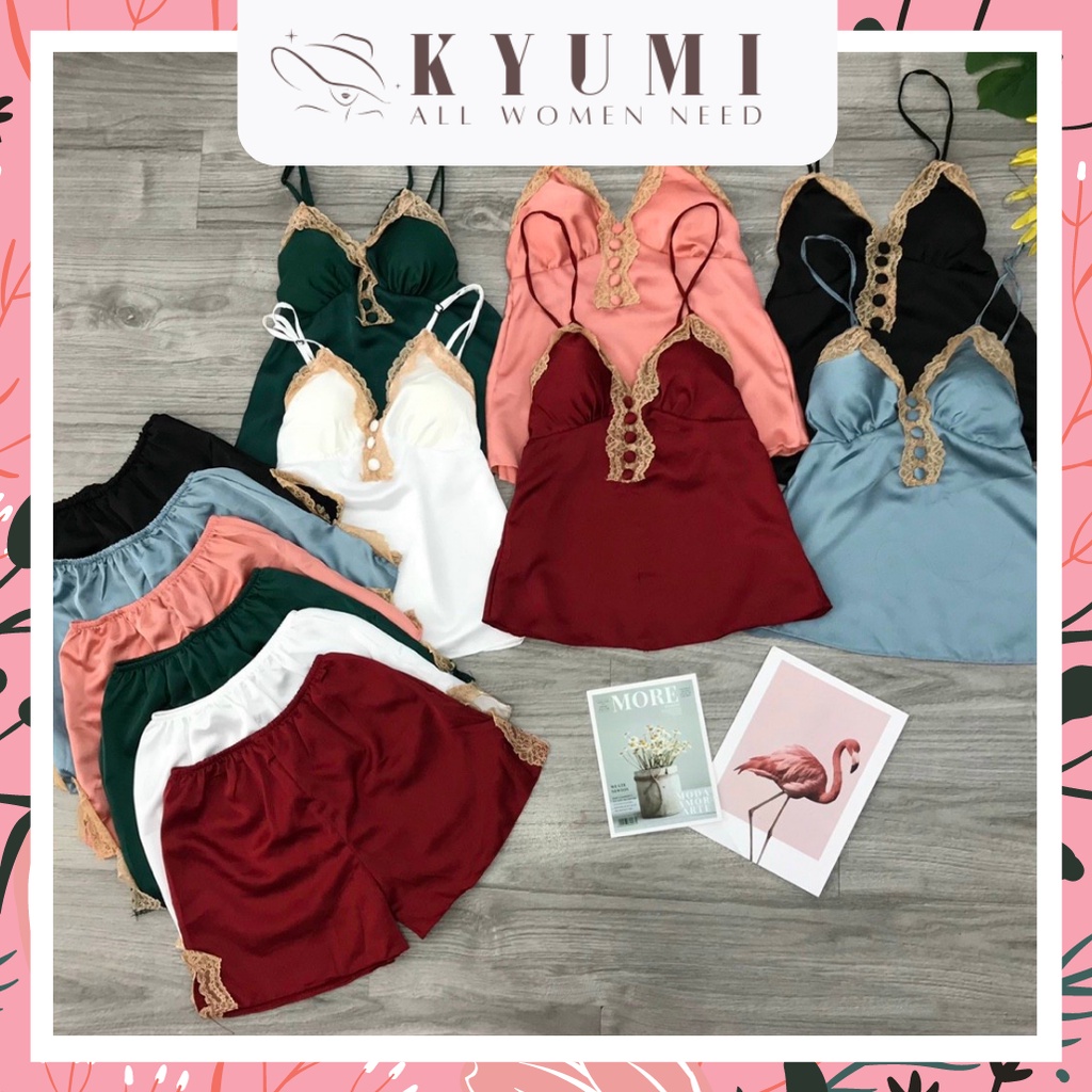 Đồ ngủ sexy đồ ngủ 2 dây phối ren đính nút có mút ngực KYUMI OFFICAL, vải lụa satin, freesize 40-60kg tùy chiều cao 010 | BigBuy360 - bigbuy360.vn