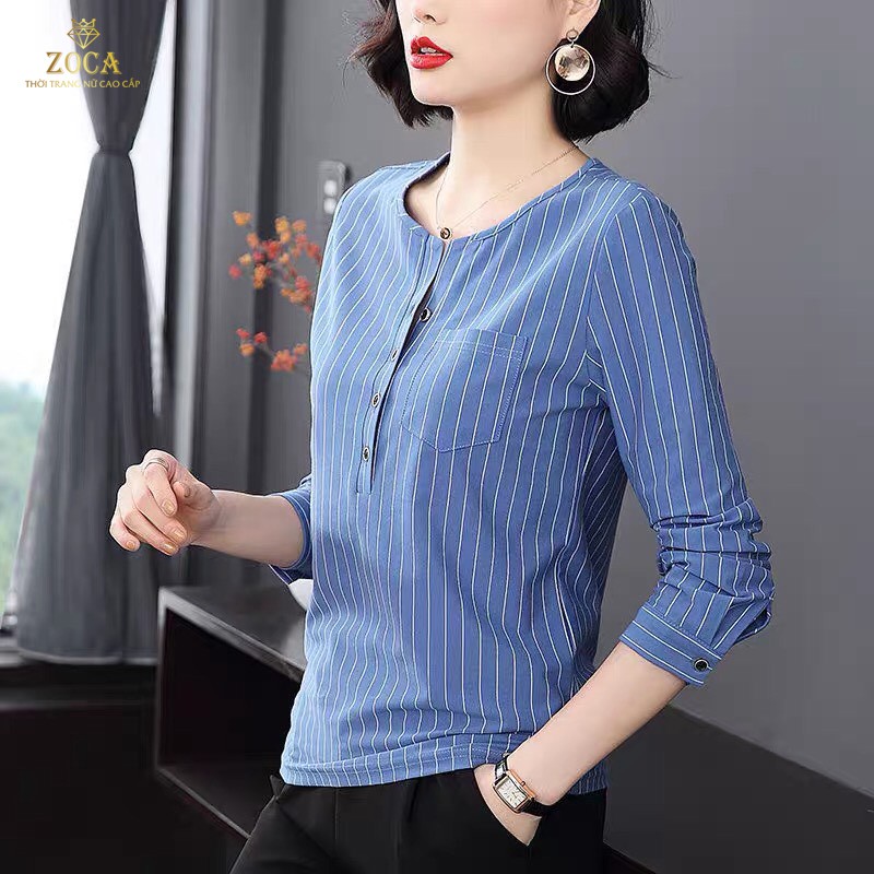 Áo Phông nữ tay dài thiết kế hoạ tiết kẻ sọc , Áo nữ mùa hè cổ tròn phối cúc chất vải cotton mềm mát _ AKS