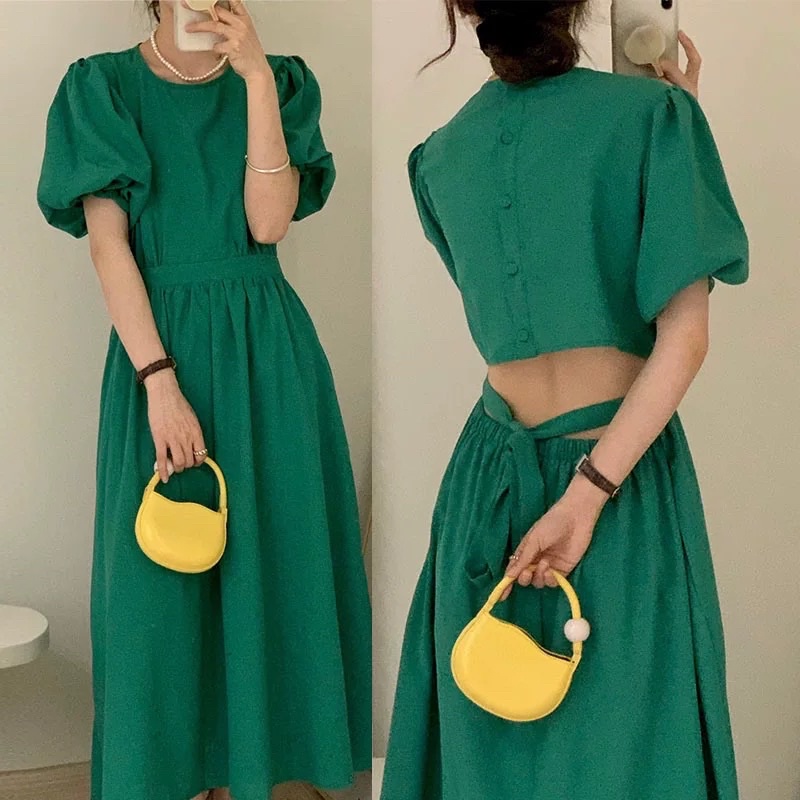 Đầm maxi tay phồng cut out lưng thanh lịch giành cho nữ đi biển