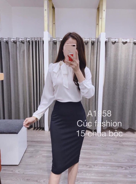 Xả Sơ mi nữ dài tay cổ đính nơ ngọc