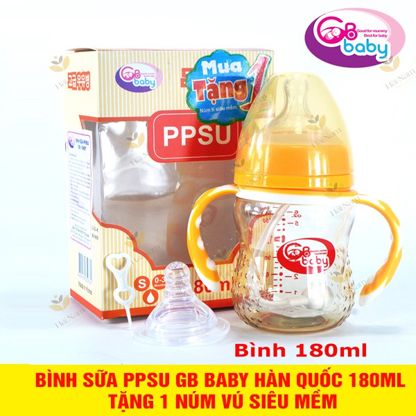 Bình sữa có tay cầm PPSU GB-Baby 180ml Hàn Quốc Tặng 1 núm ti siêu mềm