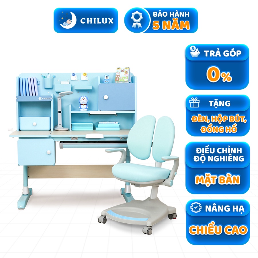 Bàn học cho bé thông minh Chilux Smart V cao cấp, chống gù, chống cận, tích hợp đèn chiếu sáng, đồng hồ báo giờ.