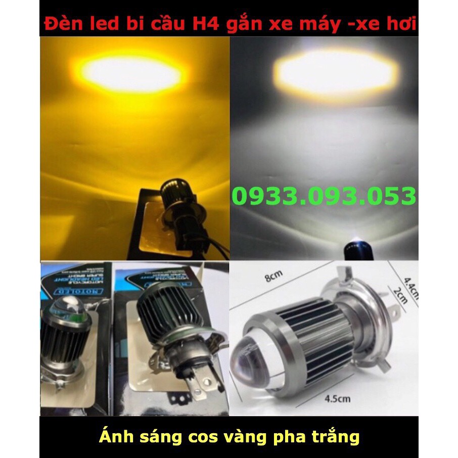 Đèn led H4 gắn xe máy - xe hơi -ánh sáng cos vàng pha trắng
