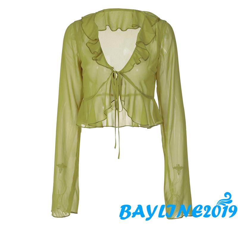 BAY-Women Sheer Crop Tops, Long Flared Sleeve Deep V Neck Pleated Hem Tops for Summer Pub, Women Clothing