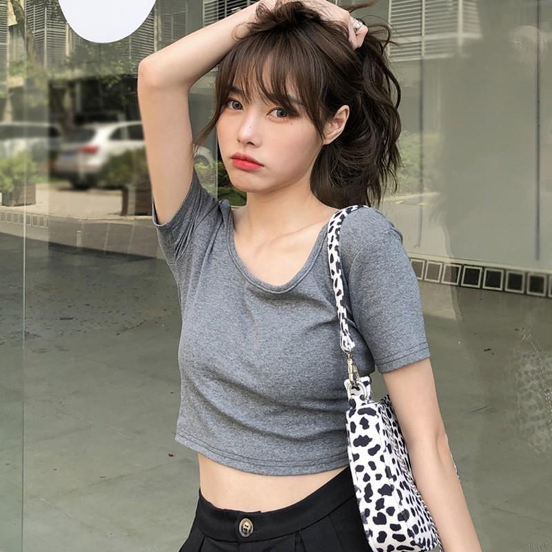 Áo Thun Nữ Tay Ngắn Màu Trơn Đơn Giản Phong Cách Hàn Quốc