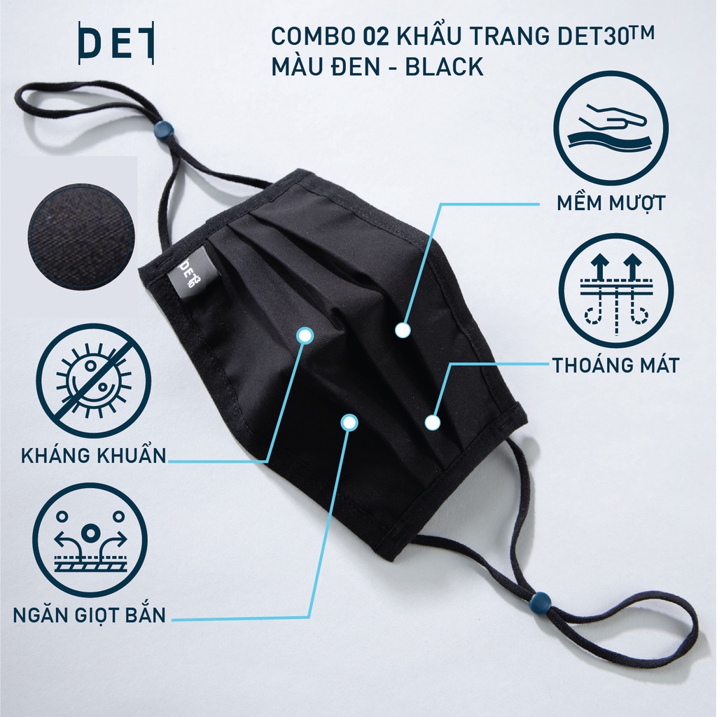 Combo 02 khẩu trang vải kháng khuẩn cao cấp DETERMINANT - kháng nước - màu đen - Black [DET30TM]