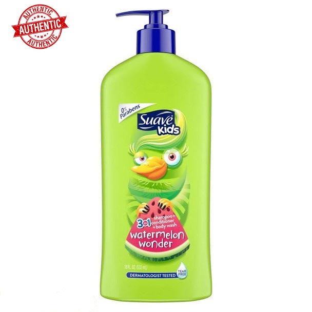 [USA] Sữa tắm, gội & Xả 3in1 cho Bé Suave Kid chai vòi 532ml Táo, Dưa hấu, Dâu không cay mắt - Mỹ