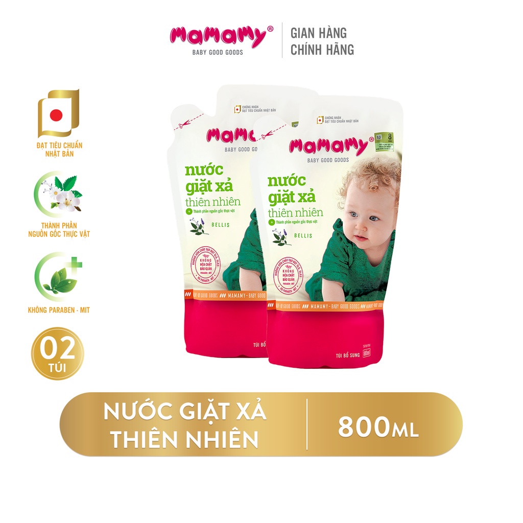 Combo 2 Túi nước giặt xả thiên nhiên thành phần nguồn gốc thực vật Mamamy an toàn cho làn da bé 800ml