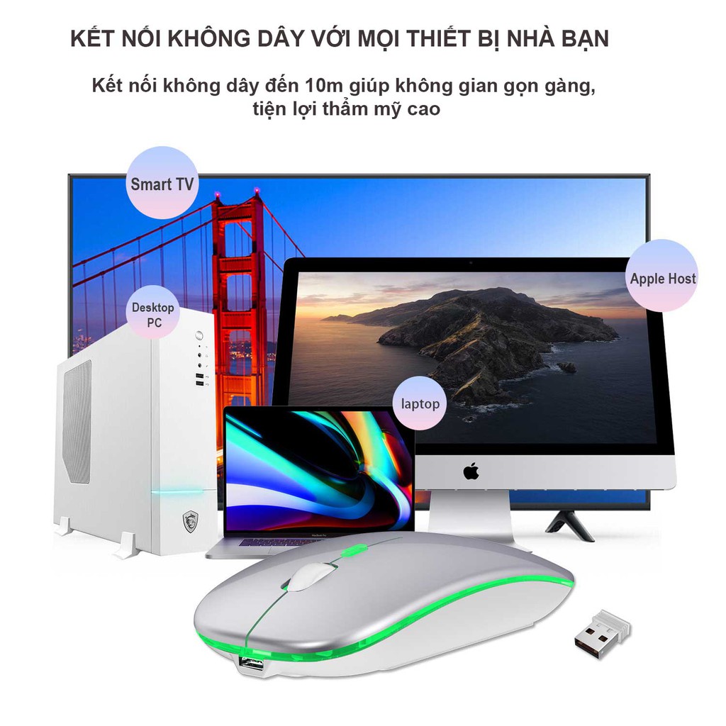 Chuột không dây bluetooth máy tính gaming cao cấp S108 Pin sạc, đèn Led, chuột laptop blutooth tốt như Logitech