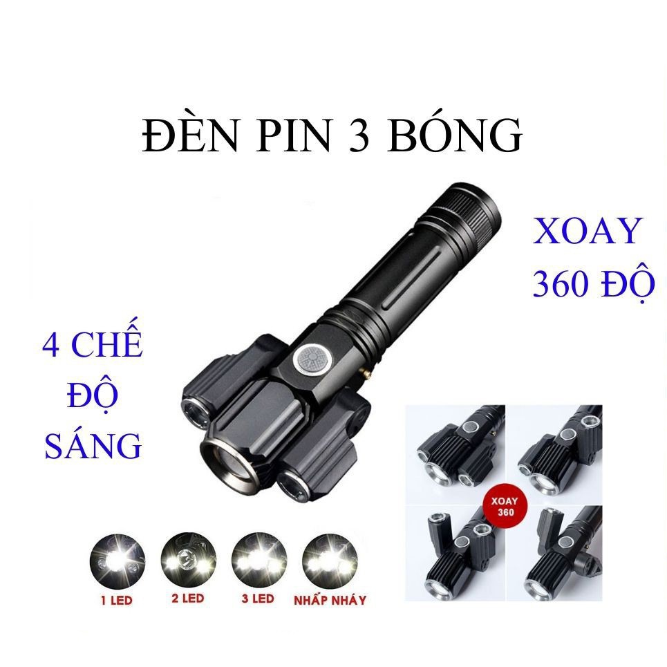 Đèn pin led cầm tay,đèn 3 bóng siêu sáng xoay 360 độ 4 chế độ ánh sáng bảo hành 12 tháng