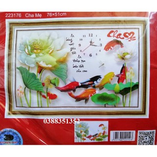 tranh thêu chữ thập thư pháp cha mẹ hoa sen đồng hồ