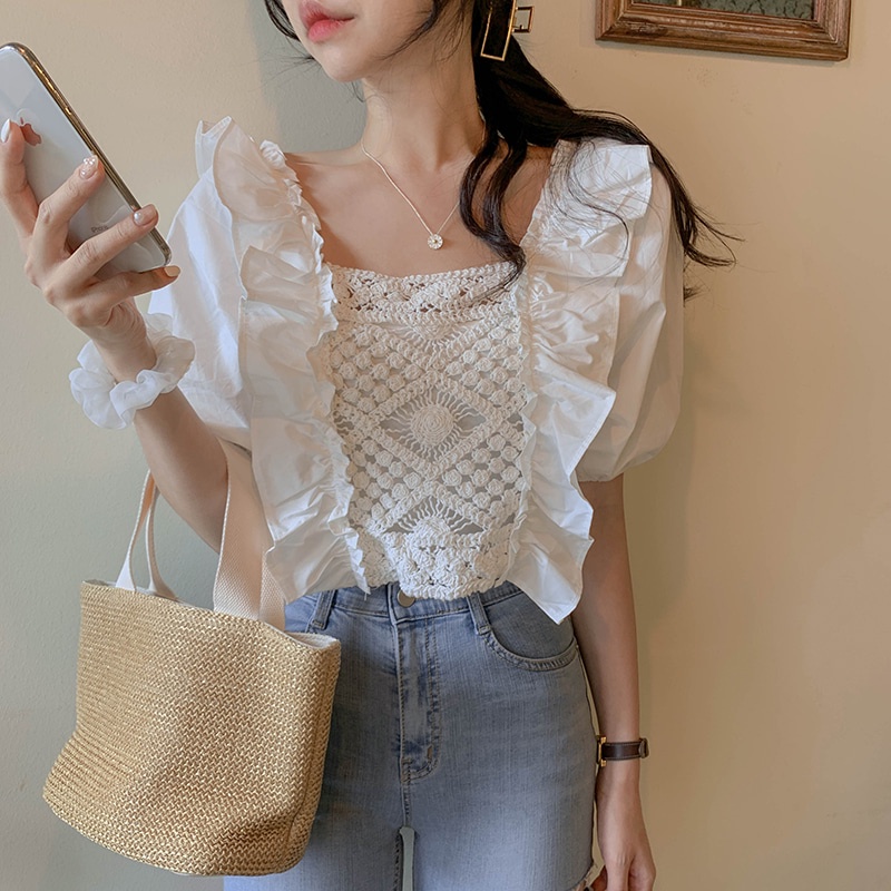 DUNEA Áo Ren Tay Phồng Cổ Vuông Quyến Rũ Thời Trang Cho Nữ