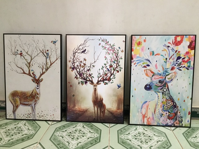 Bộ 3 tranh canvas hình hươu sắc màu ,  may mắn đang hot nhất thị trường, 40CM x 60CM x 3 tấm  SR39