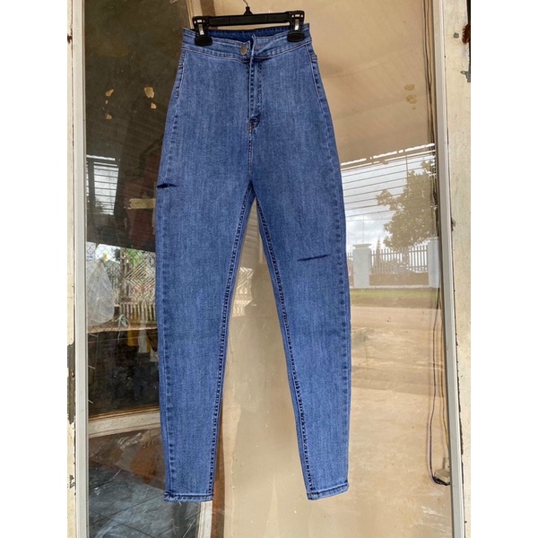 Jeans dài lưng cao co giãn không túi rách bẹ Pt