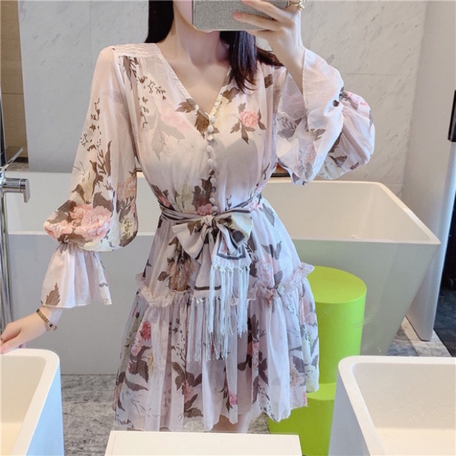 Đầm voan hoa xoè thắt nơ eo qccc