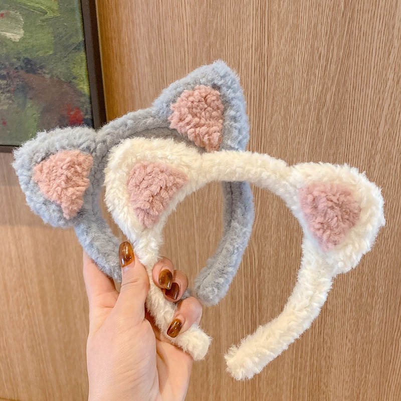 Băng Đô Cài Tóc Rửa Mặt Phối Lông Hình Tai Mèo Dễ Thương Cho Nữ