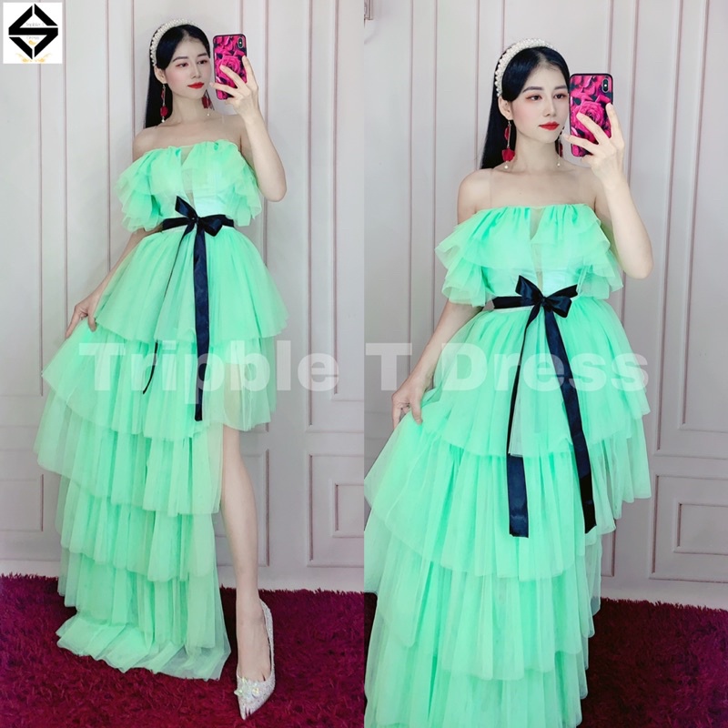 Đầm dự tiệc TRIPBLE T DRESS đuôi tôm xéo xếp tầng trễ vai lưới phói nơ đen eo - size M/L - MS8Y