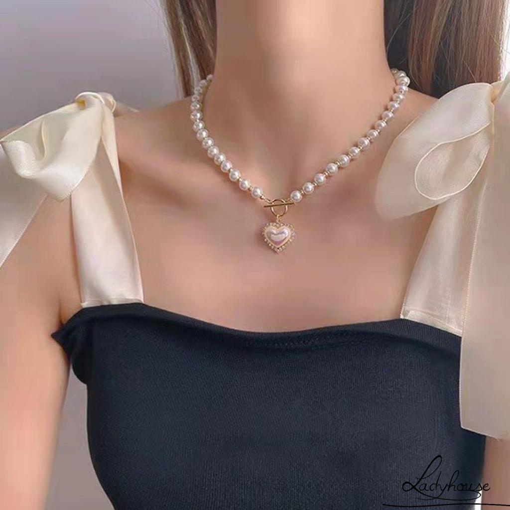 Vòng cổ Mặt Trái Tim Đính Ngọc Trai Nhân Tạo Thời Trang Dành Cho Nữ