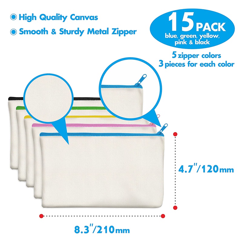 Set 15 Túi Đựng Bút Bằng Vải Canvas Cotton Trơn Có Khóa Kéo DIY