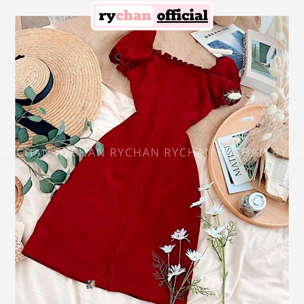 Đầm Xòe Cổ Vuông Viền Bèo Chiết Eo Xẻ Trước 3 Màu Trắng Nude Đỏ [Ảnh Thật Cuối] - DX0099