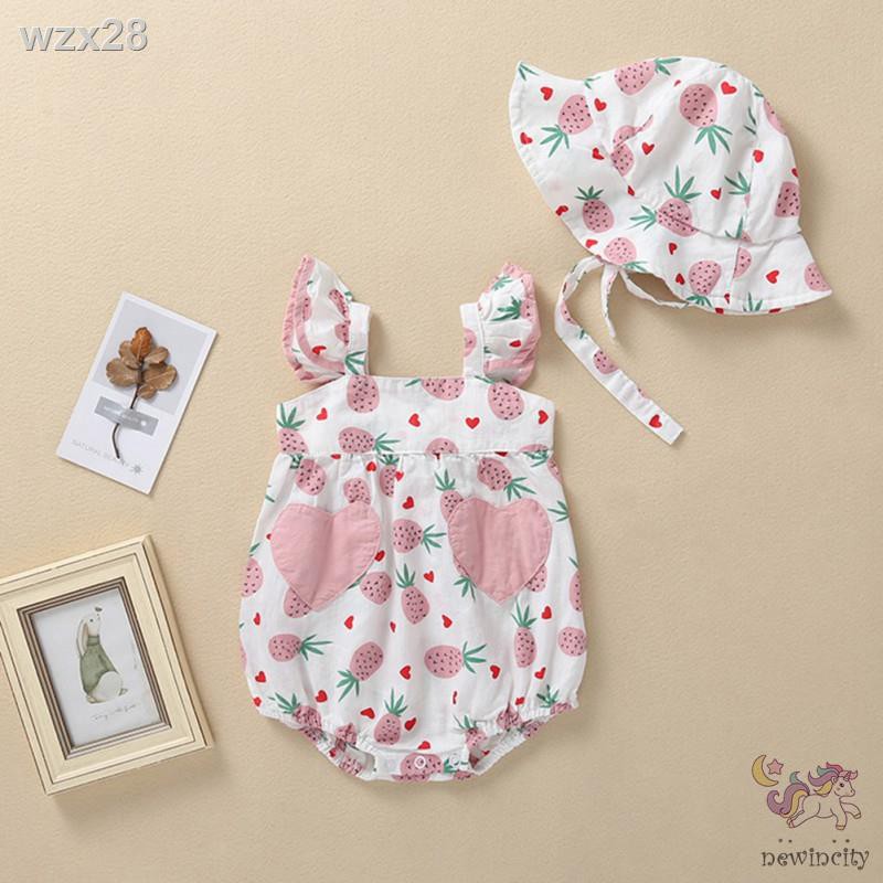 ✒₪Trang phục jumpsuit tay loe họa tiết quả dứa + nón cho bé gái
