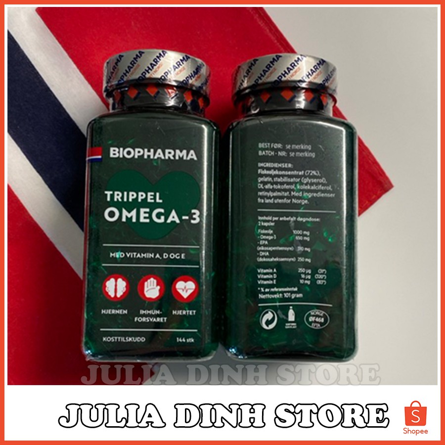 [Mẫu mới đủ Bill] Dầu cá viên nang Omega3 Biopharma Trippel Na Uy hộp 144 viên