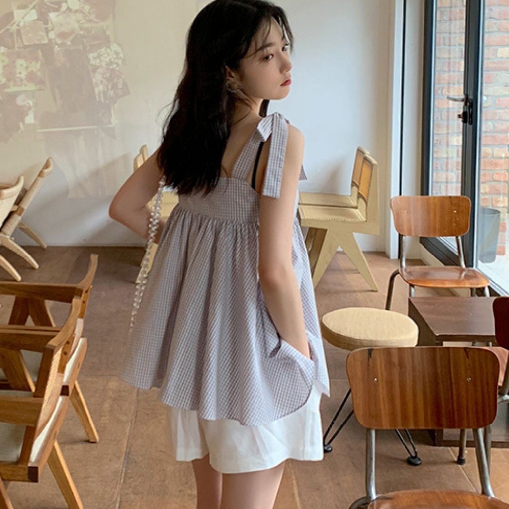 Set áo babydoll hai dây thắt nơ kẻ xanh và quần short / Set đồ ulzzang xinh freesize - Có ảnh feedback