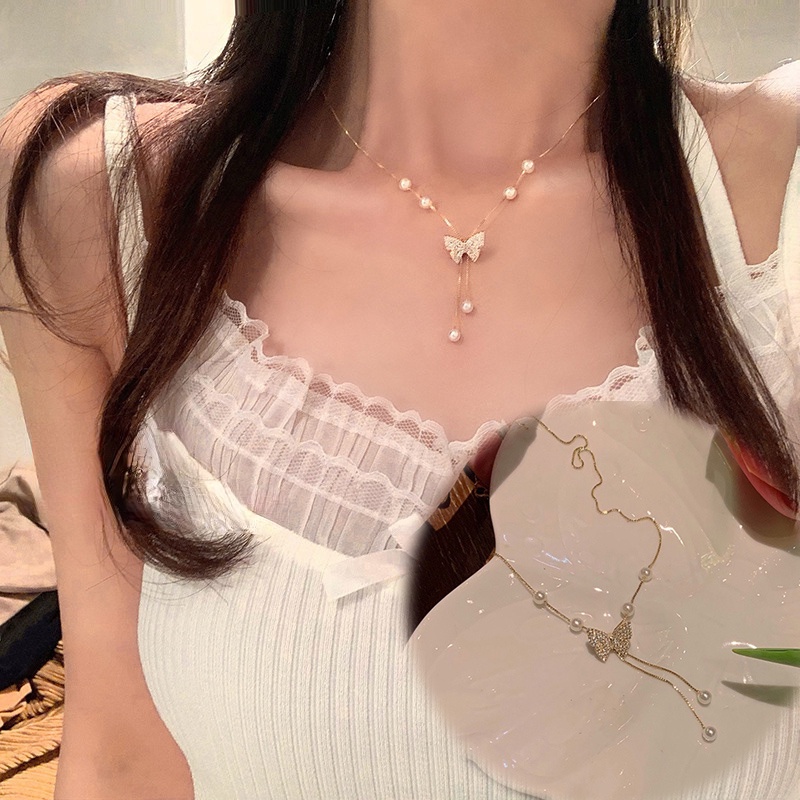 Vòng cổ Mặt Hình Bướm Phối Tua Rua Ngọc Trai Sang Trọng Thời Trang Cao Cấp Cho Nữ