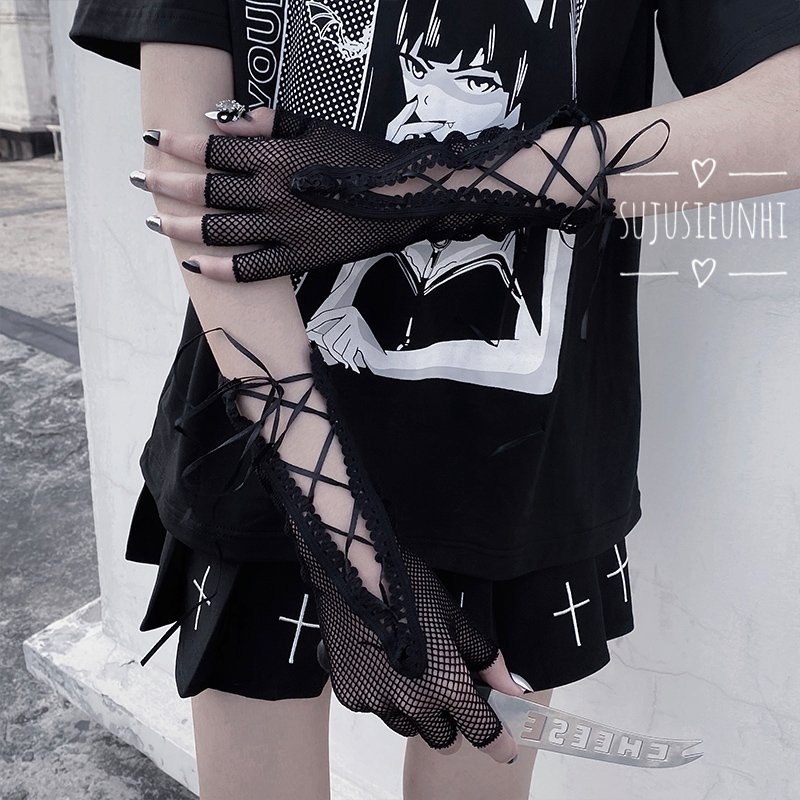 1 đôi găng lưới đan chéo hở ngón buộc dây phong cách gothic lolita