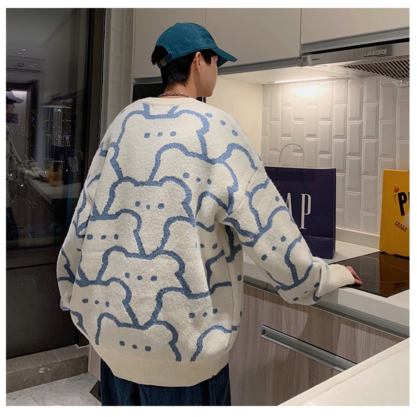 Áo sweater dệt kim cổ tròn dáng rộng in hình gấu phong cách Hàn Quốc thời trang thu đông cho nam size S-2XL