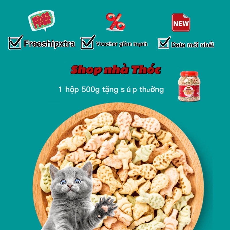 Hộp bánh thưởng con cá 500g cho chó mèo, bánh thưởng huấn luyện, tặng hộp nhựa