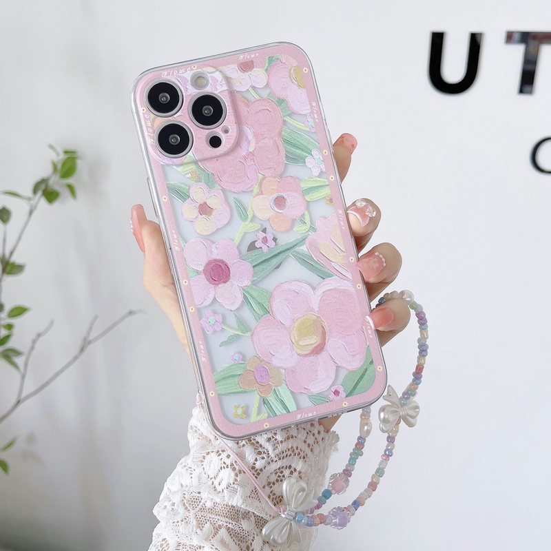 Casing Oppo A7 A5S A12 A11K A3S A96 4G A9 A5 2020 F11 Pro F7 F5 Youth Reno 4 2Z 2F 2 F Z F5Youth F11Pro Bow Chain Straight Edge Cherry Peach Flowers Clear Shockproof Soft Phone Case CES 12