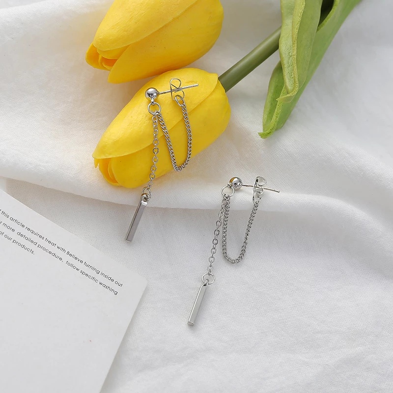 Khuyên tai dáng dài bằng kim loại phối dây xích phong cách punk gothic cá tính cho nữ