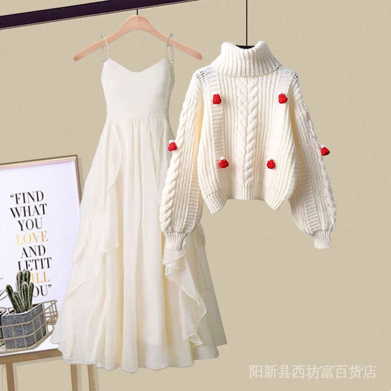 Set Áo Len Cổ Lọ Phối Chân Váy Hai Dây Thời Trang Mùa Xuân 2022 Plus Size