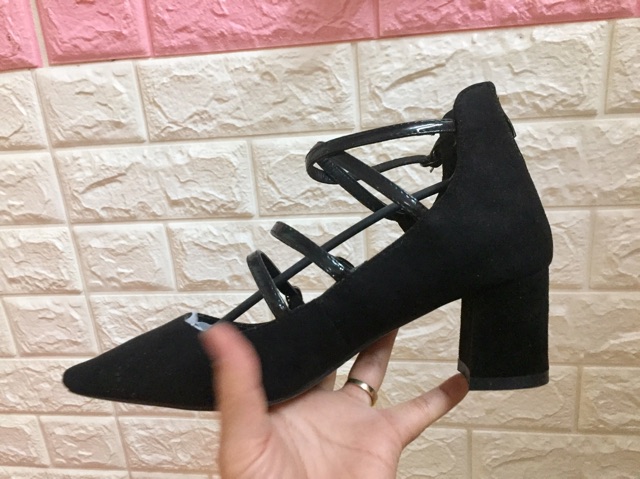 Giày gót vuông da lộn QC màu đen