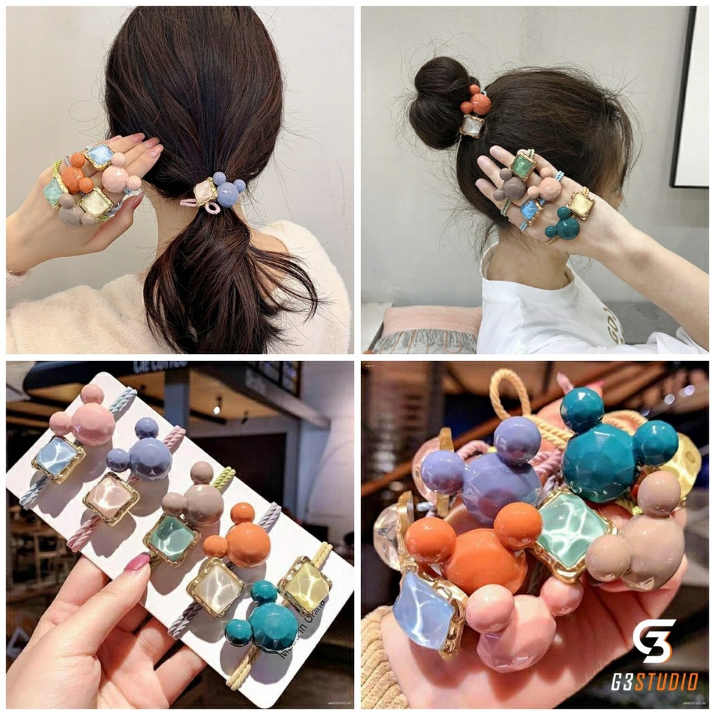 Dây cột tóc cao su co dãn phối hình vuông thời trang