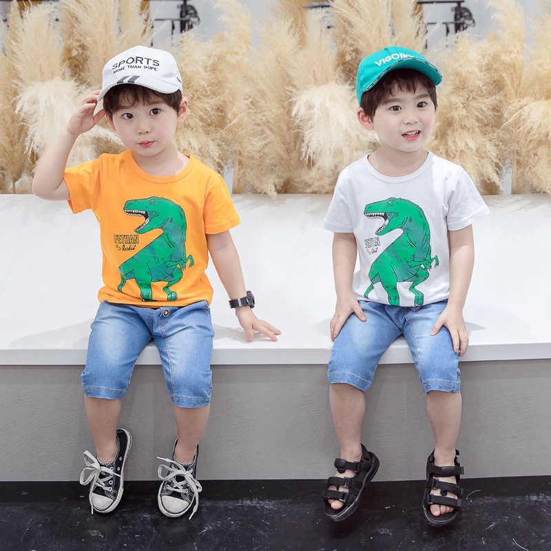 Bộ quần áo trẻ em áo phông kèm quần bò chất cotton thoáng mát cho bé trai 18-28kg Củ khoai tây shop hình khủng long